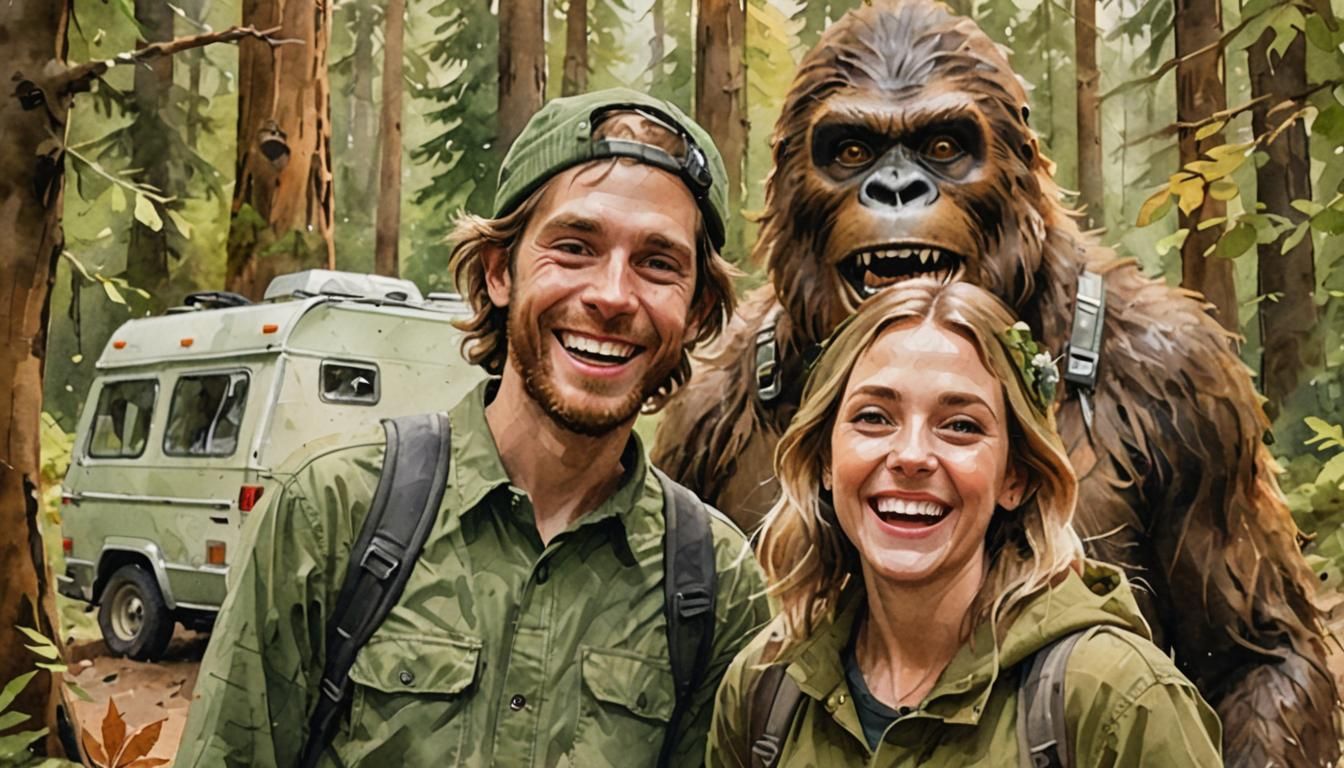 Bigfoot Photobomb in Watercolor Portrait