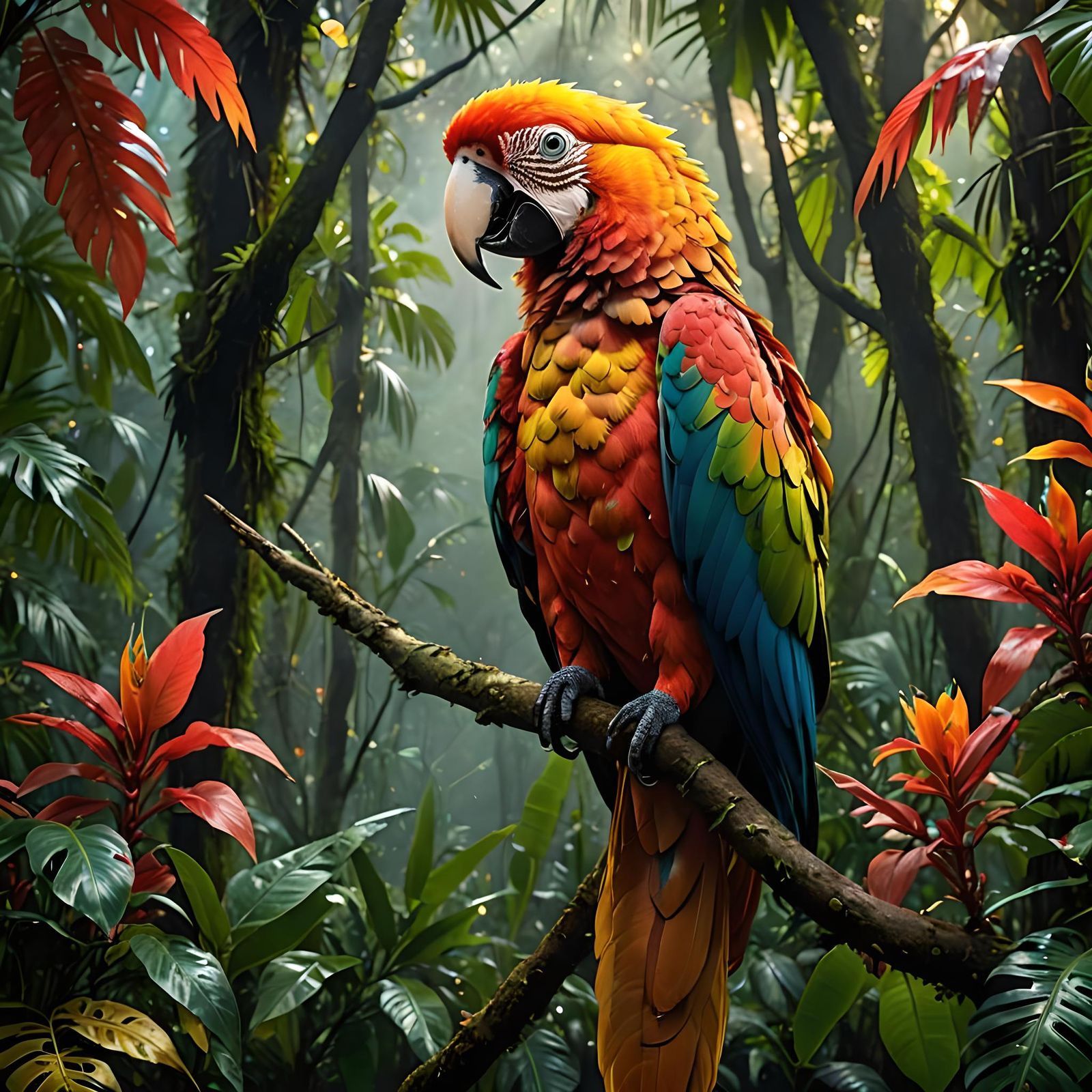 Iridescent Flame Macaw in Bioluminescent Rainforest