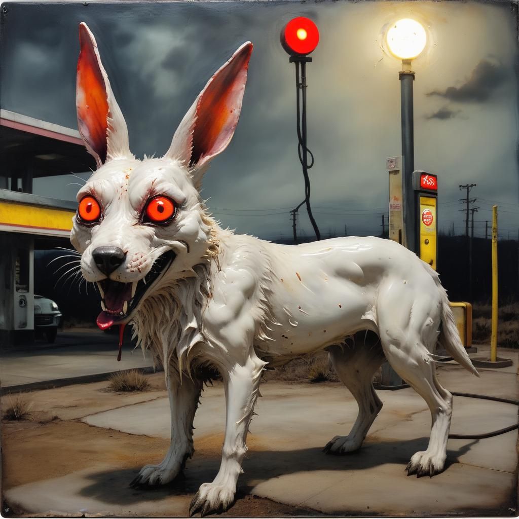 Diabolical Rabbit Stalking Dog at Gas Station