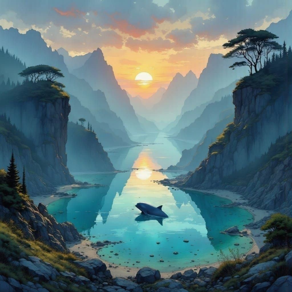 Foggy Ocean Bay: Painterly Humpback Whale