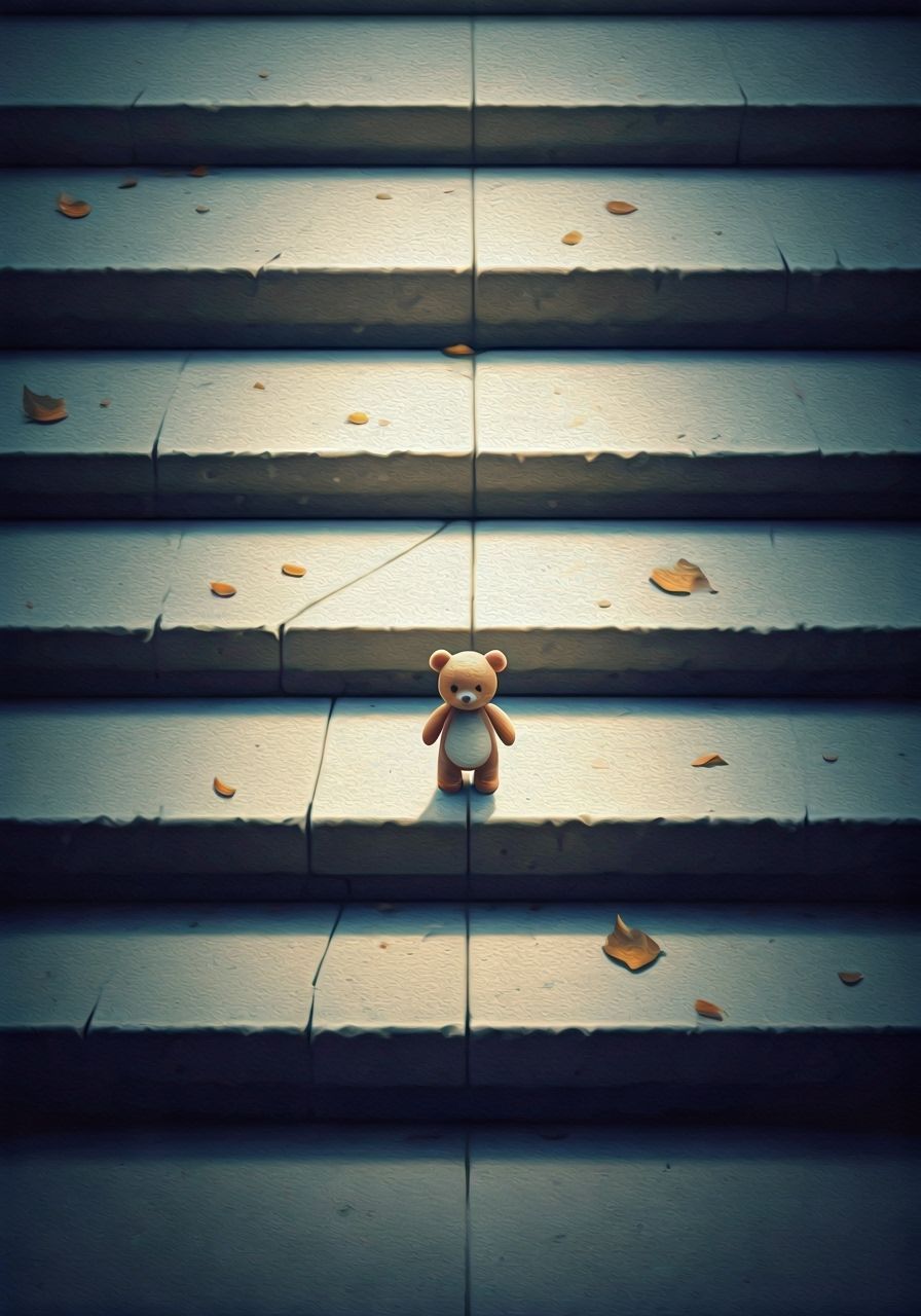 Toy Bear on Terrace Steps: Watercolor and Oil Painting