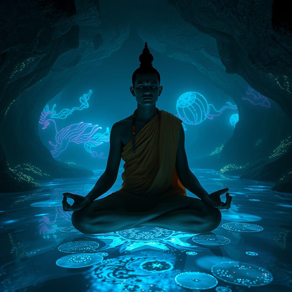 Meditating Monk in Bioluminescent Submerged Cave