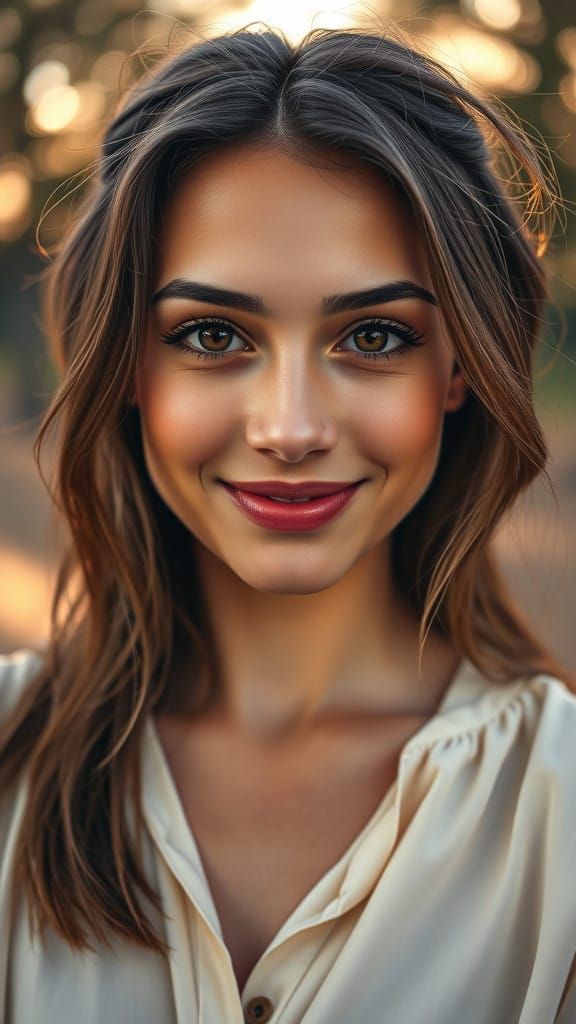 Hyper-Realistic Portrait of a Young Woman in Soft Golden Lig...