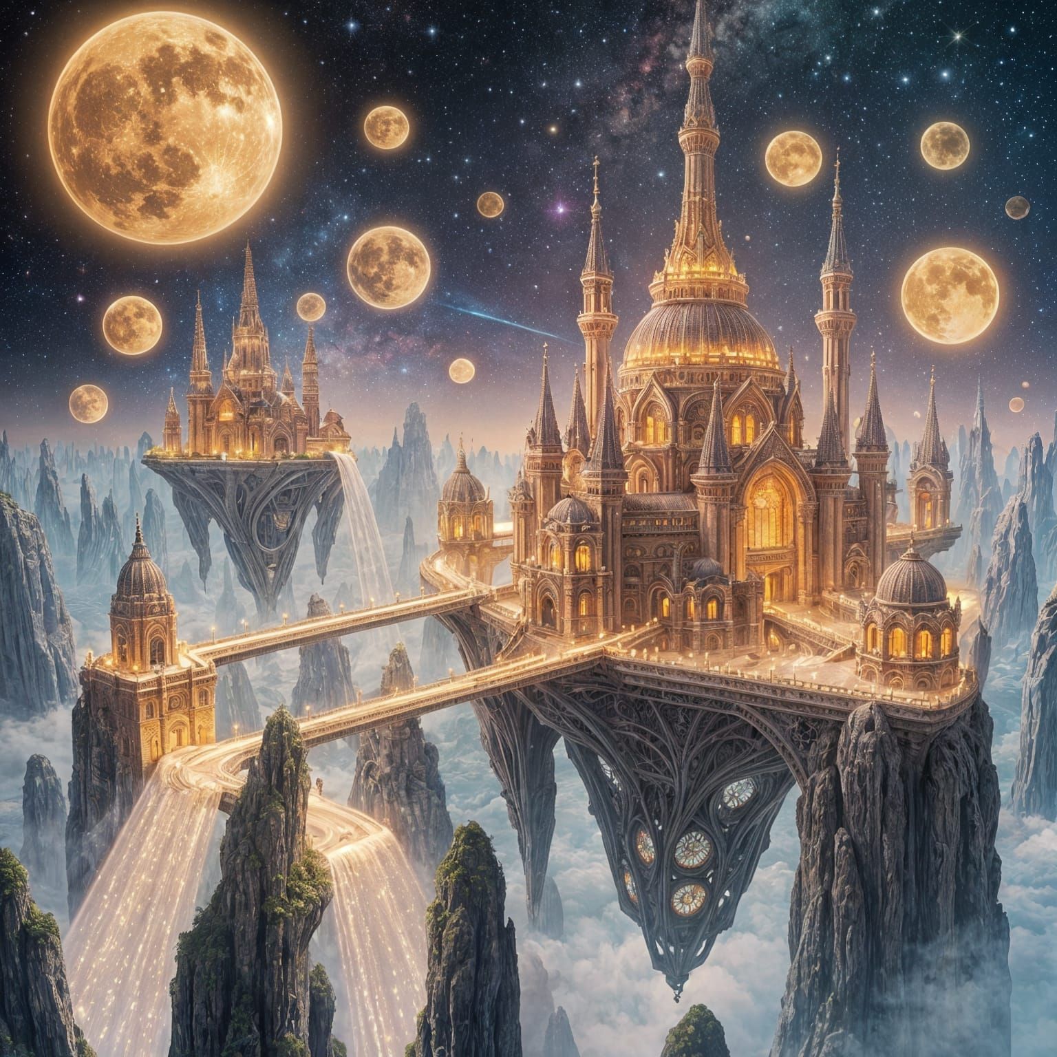 Floating Island City Connected by Starlight Bridges