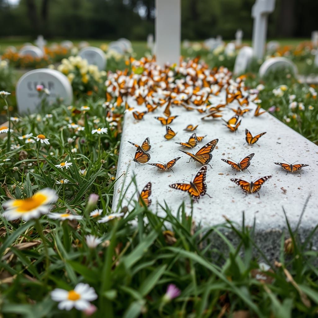 Butterflies Adorn Unmarked Grave: Memorial Scene