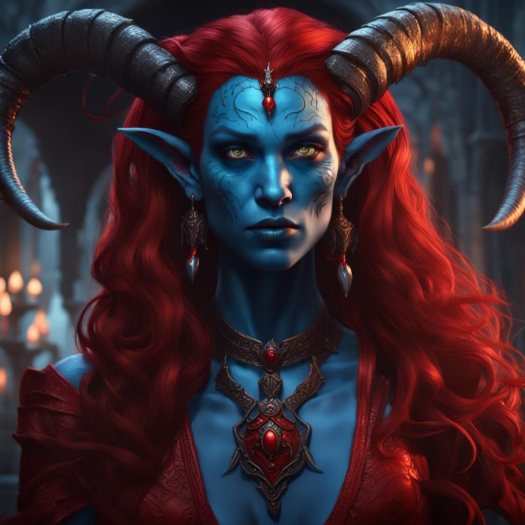 Blue Tiefling Woman in Dark Fantasy Style