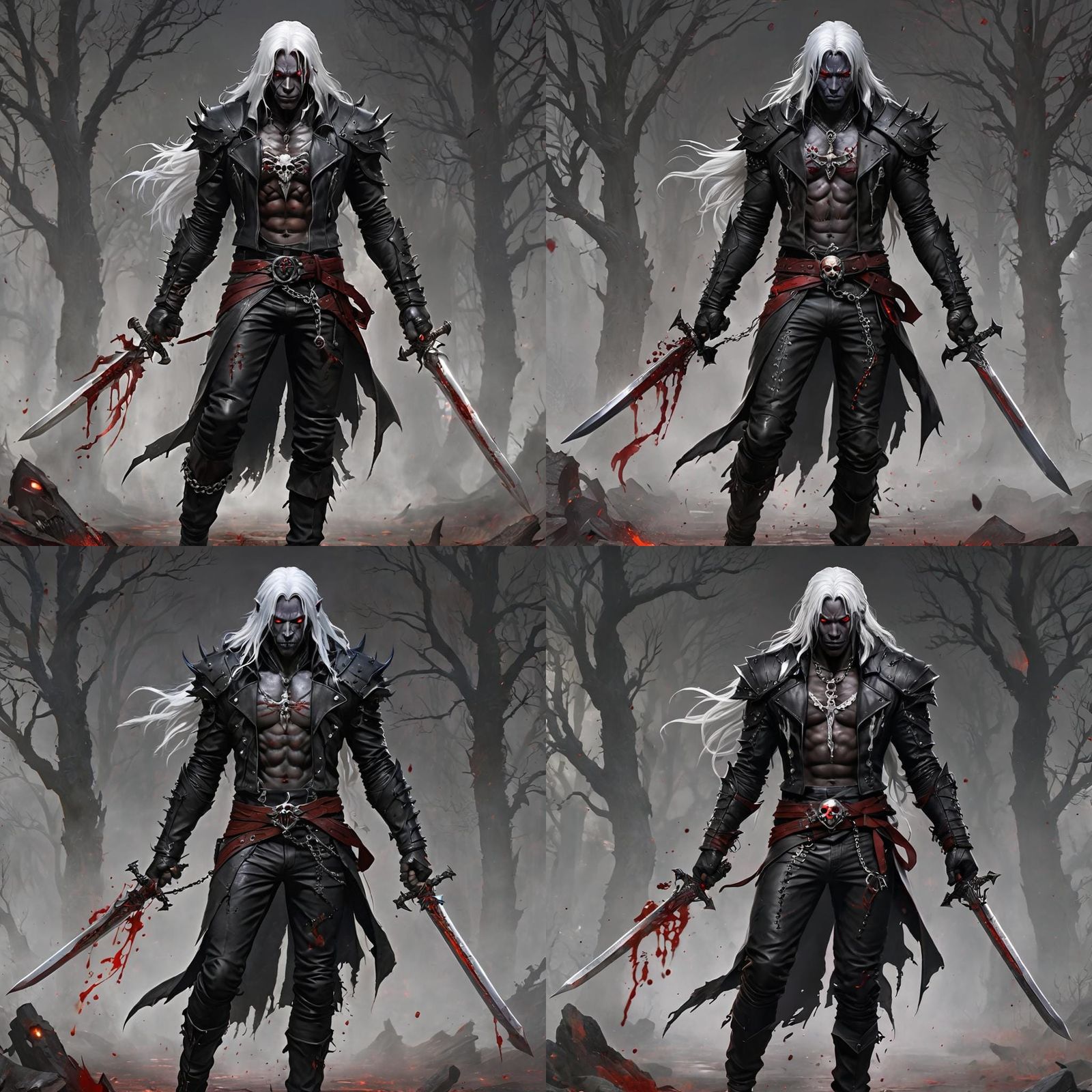 Drow Warrior with Glowing Sword and Skull Armor