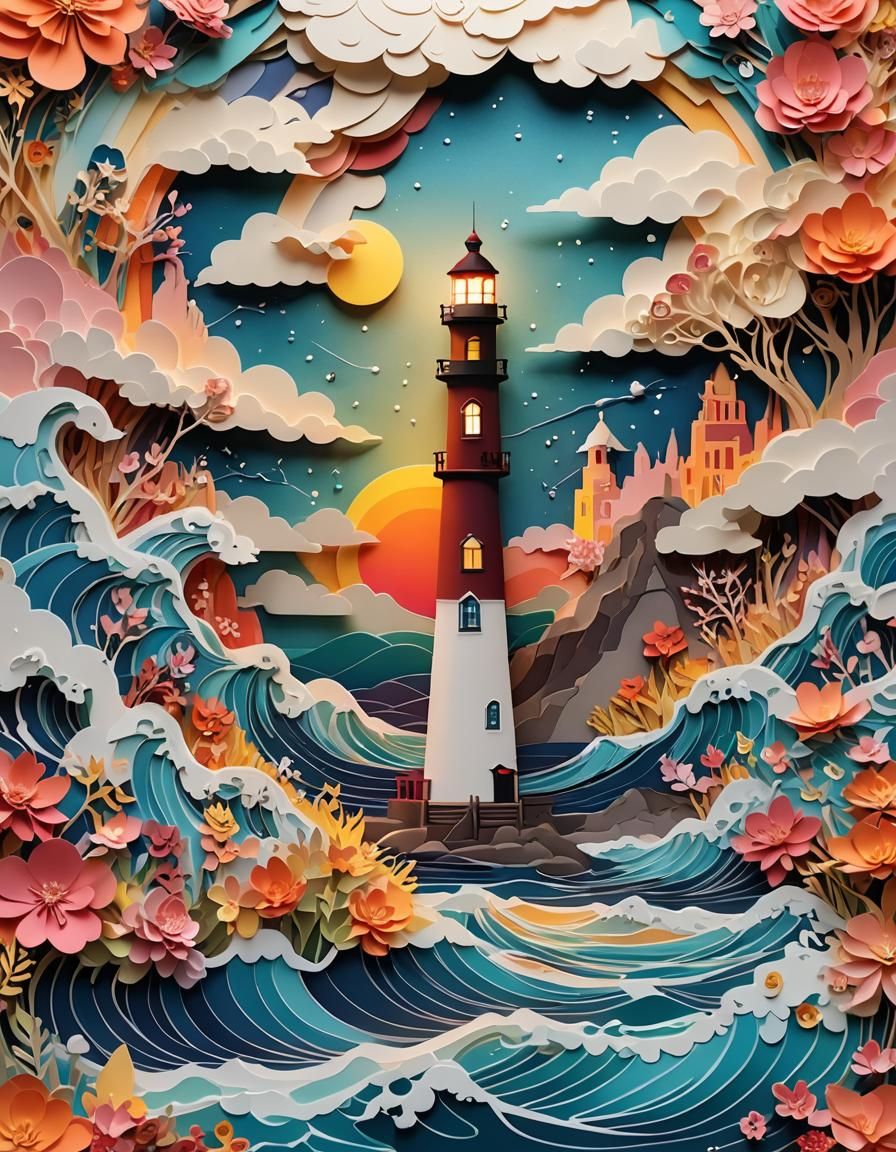Floral Waves Attack Lighthouse in Paper Cut-Out Art