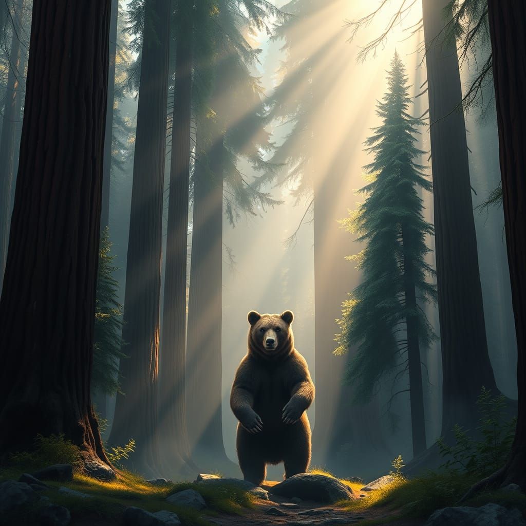Majestic Grizzly Bear in Misty Redwood Forest
