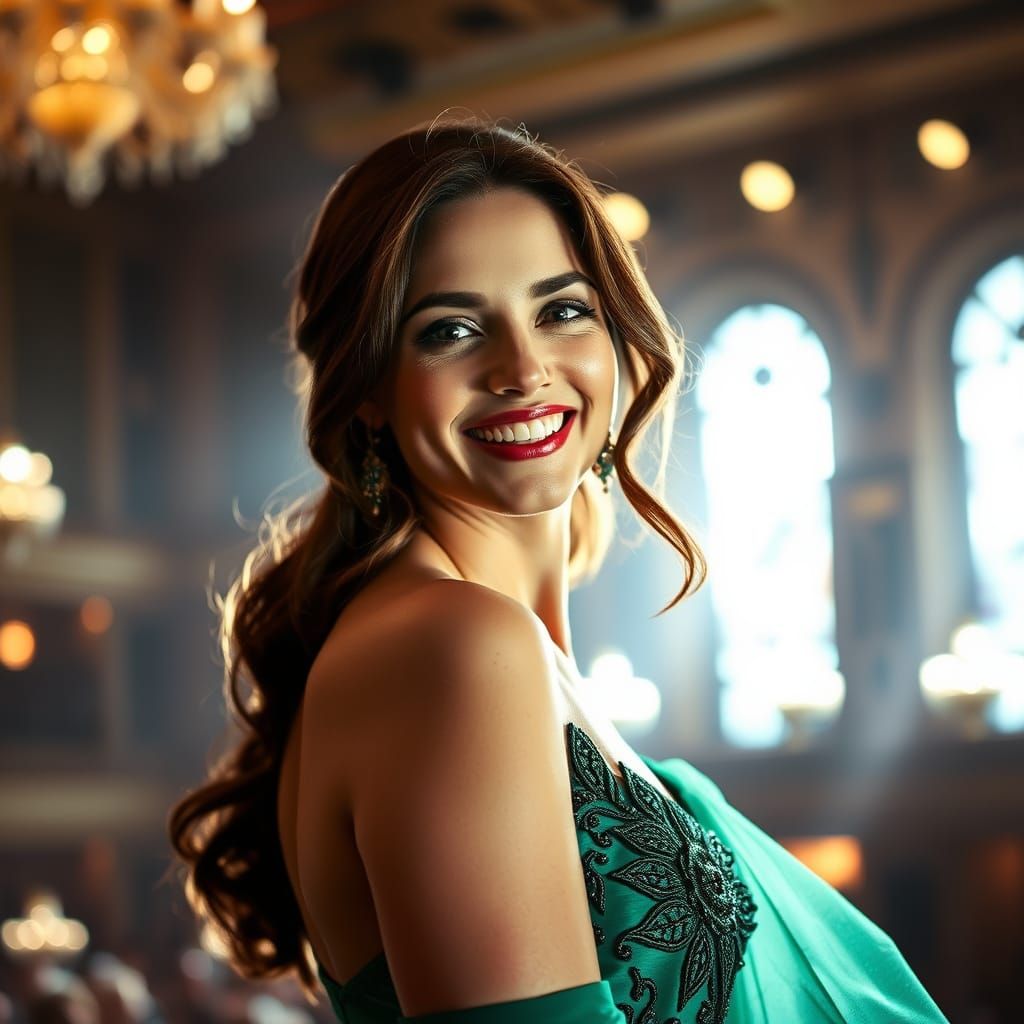 Elegant Woman in Emerald Gown on Stage in HDR