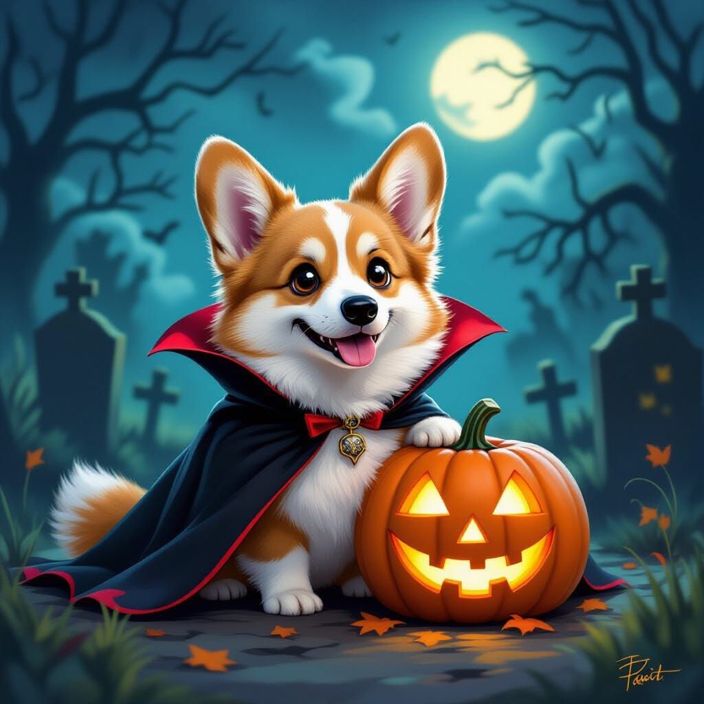 Adorable Vampire Corgi in Moonlit Graveyard