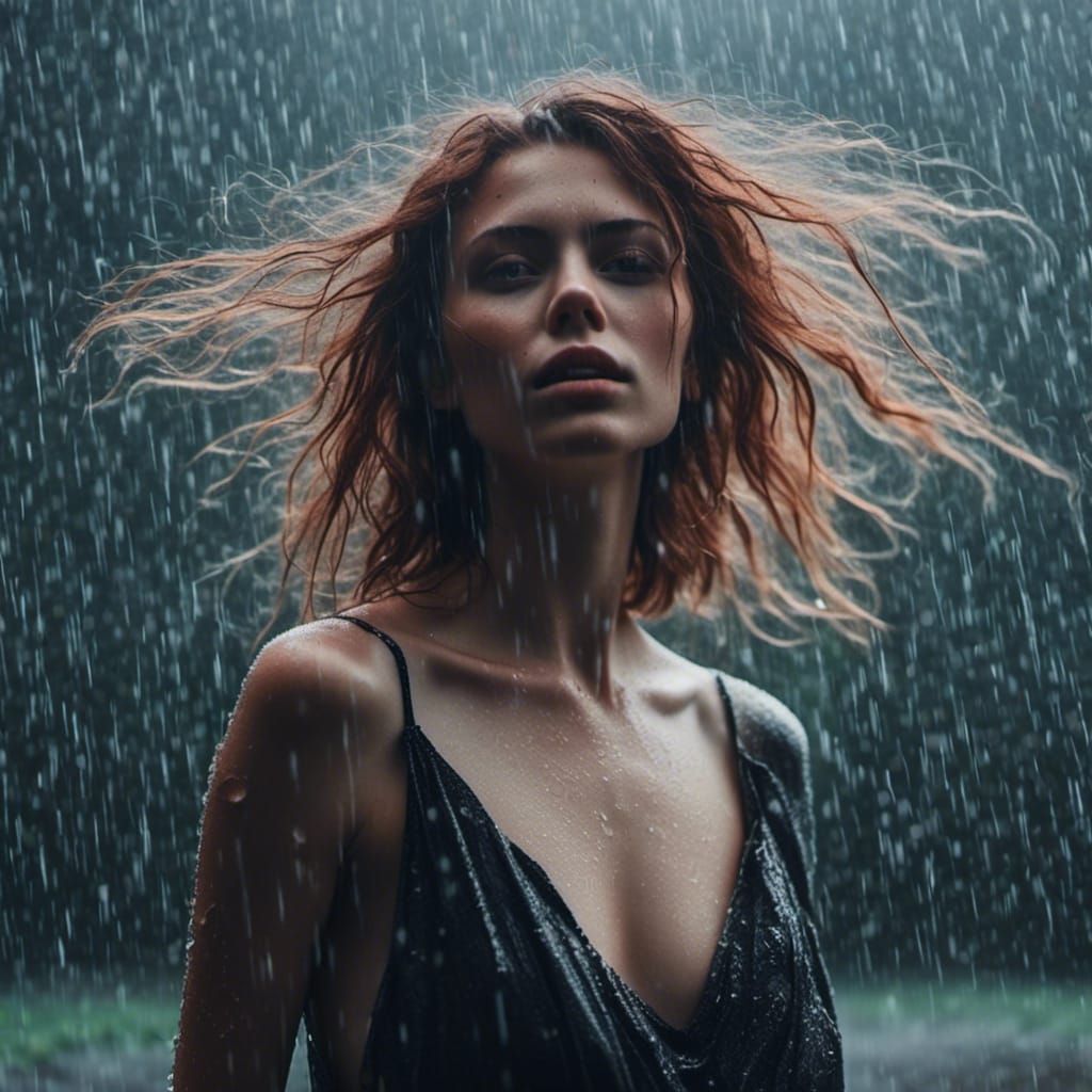 Hyperrealistic Goth Woman in Thunderstorm