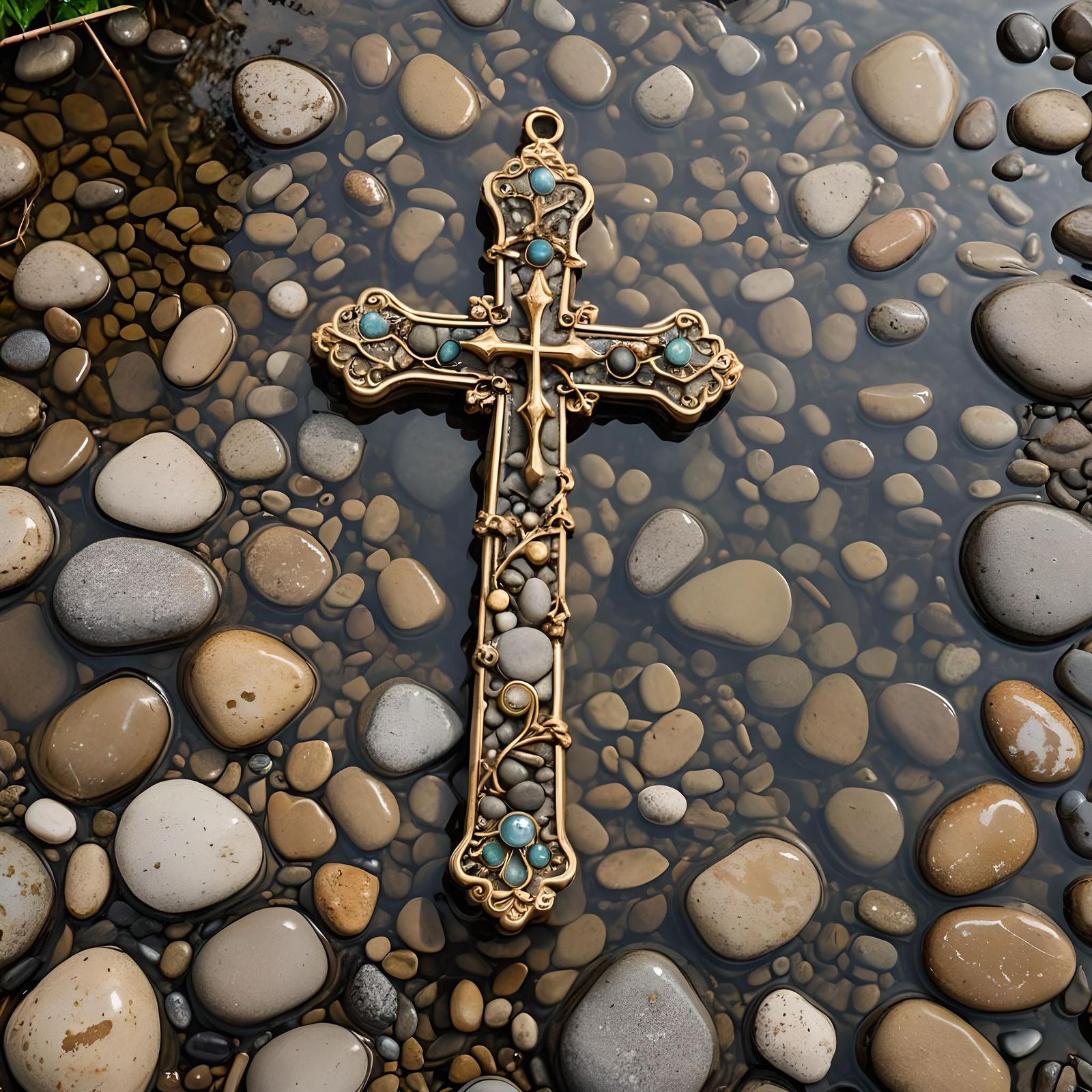 Antique Gold Cross Submerged in Mountain Stream