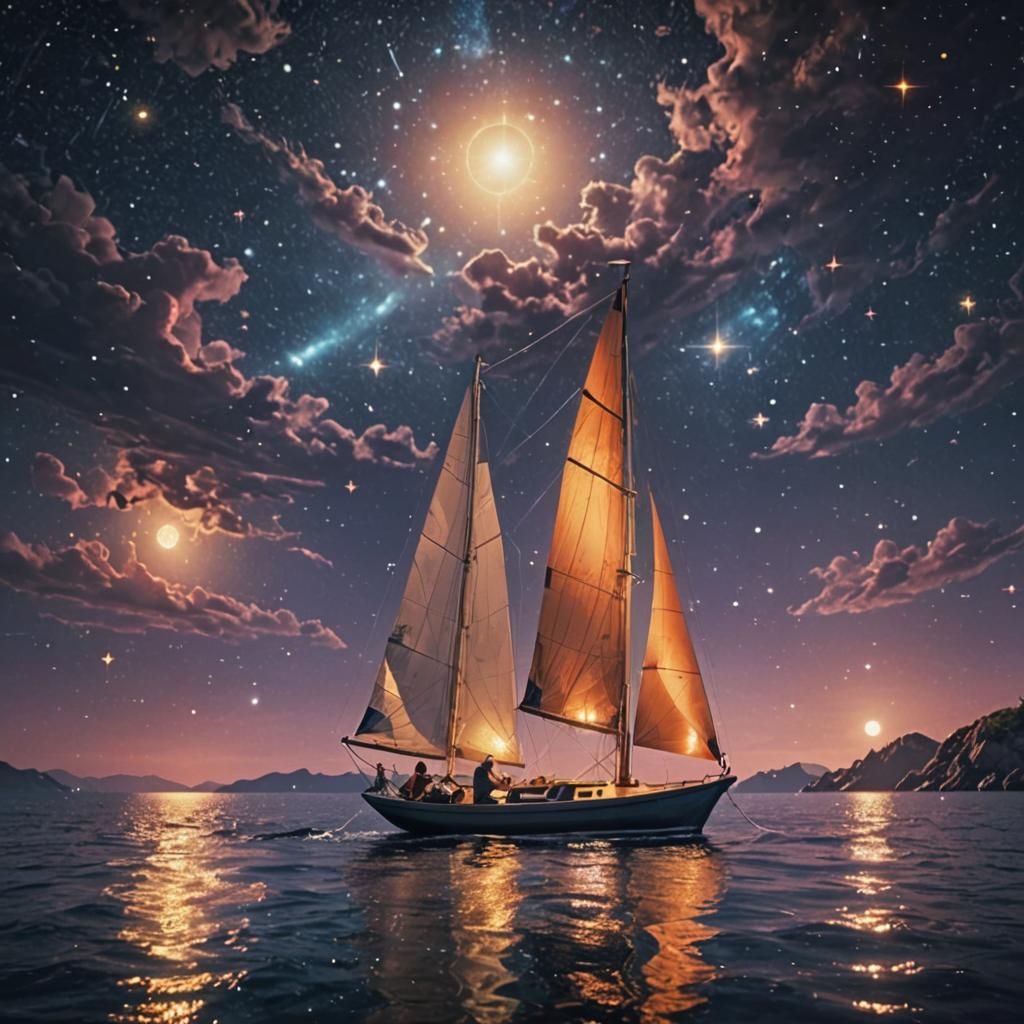 Surreal Nautical Scene Under Astral Night Sky