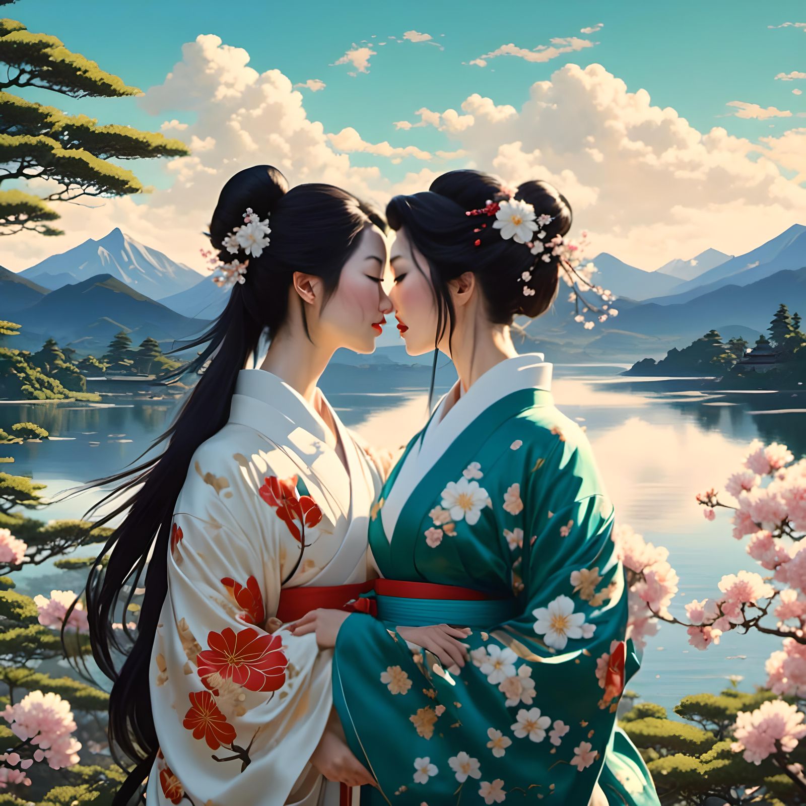 Romantic Kiss in a Blossoming Landscape