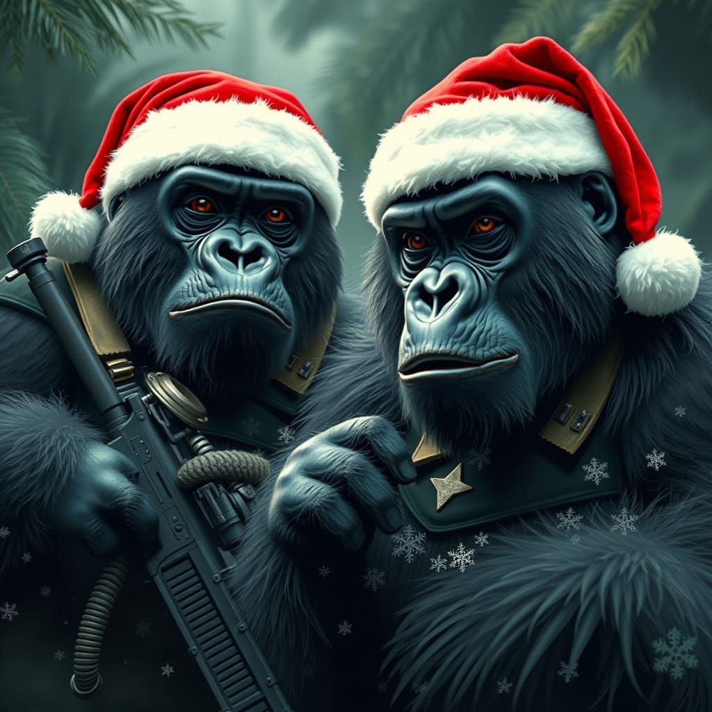 Gorillas as Guerrilla Soldiers in Santa Hats