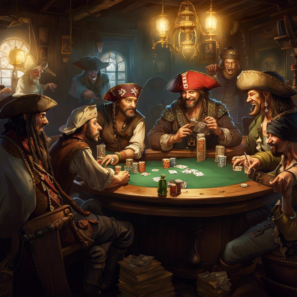 Pirates Playing Poker in Saloon, Detailed Digital Art