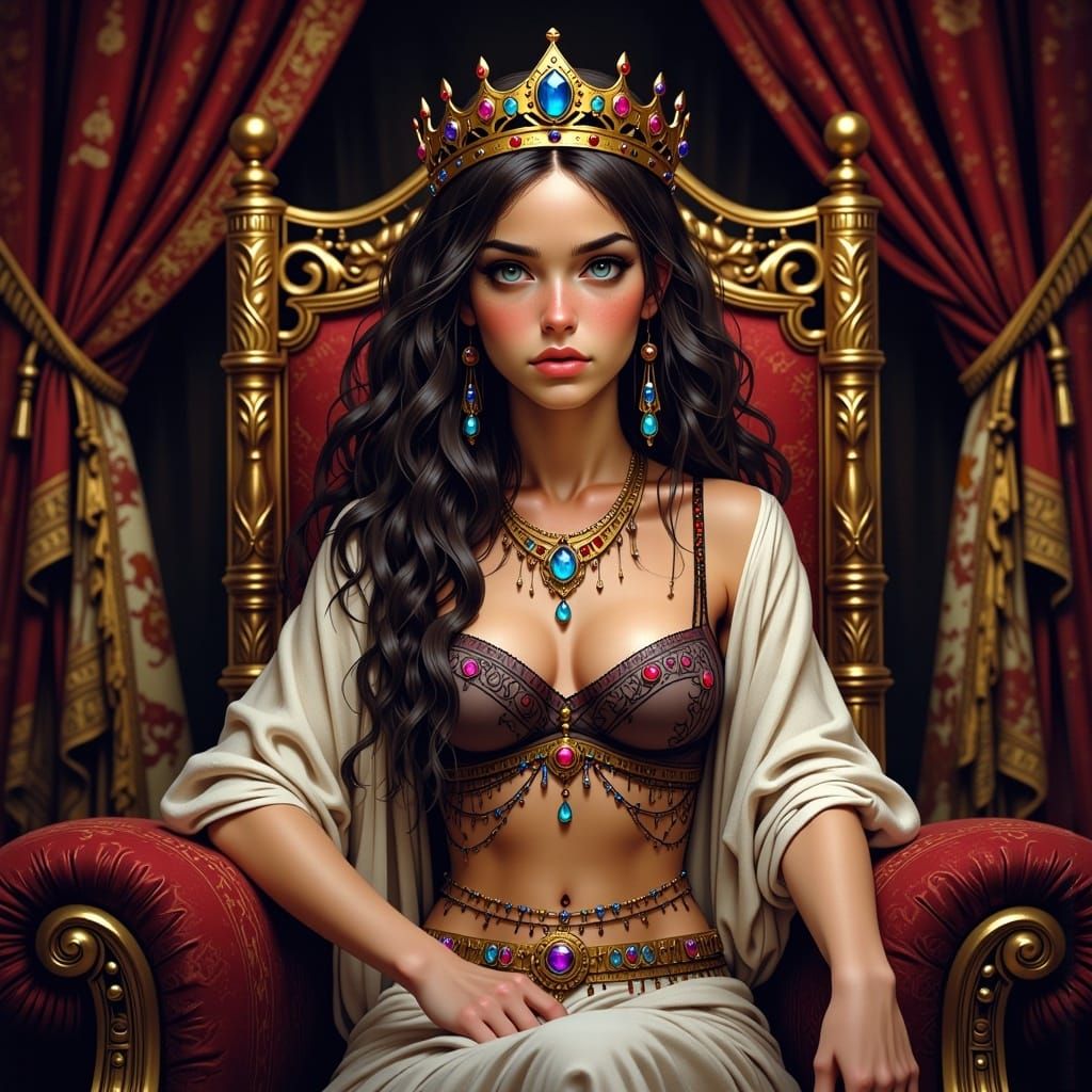 Royal Woman with Jeweled Crown in Opulent Setting