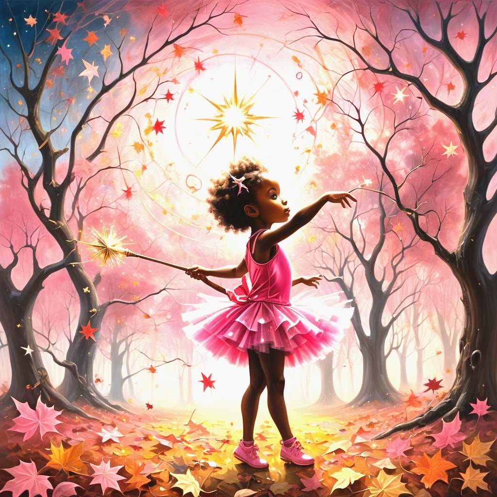 Surreal Toddler with Wand in Autumn Landscape