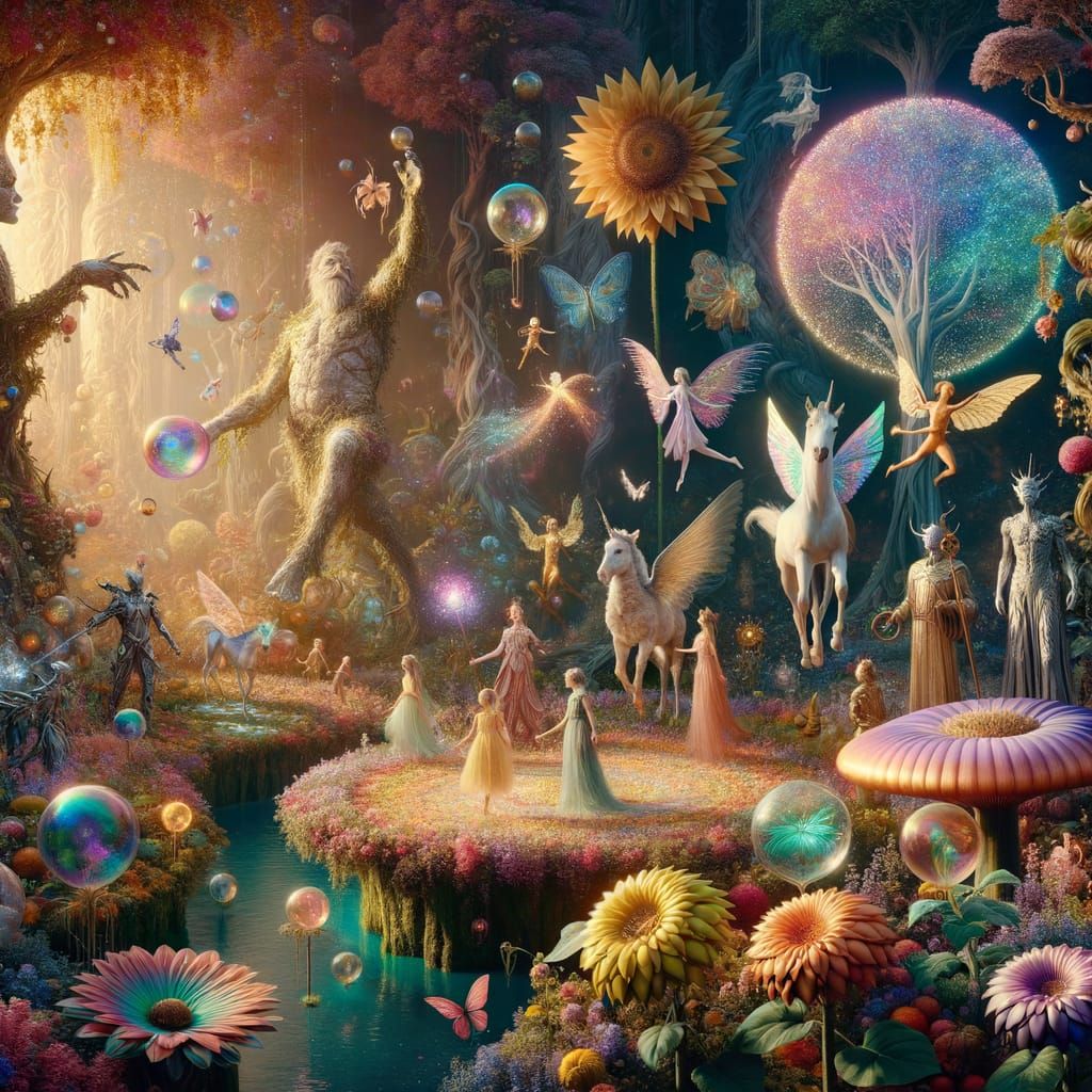 Fantastical Beings and Enchanted Flora in a Magical Realm