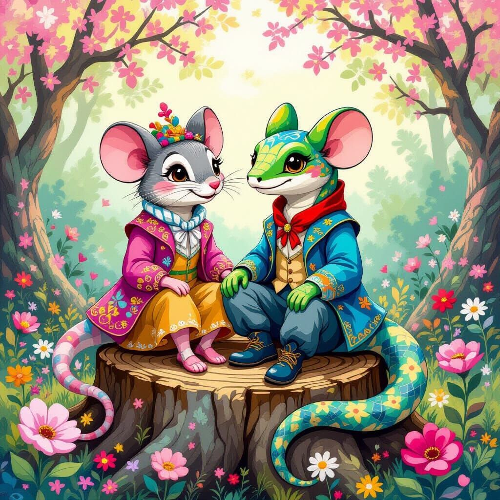 Whimsical Mouse and Snake Duo in Fantastical Garden