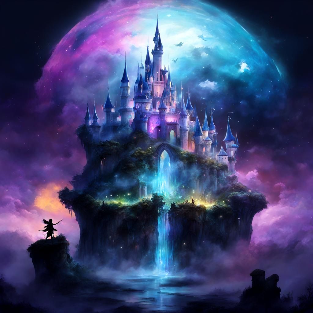 Whimsical Fairy Castle Floating in Space, Watercolor Style