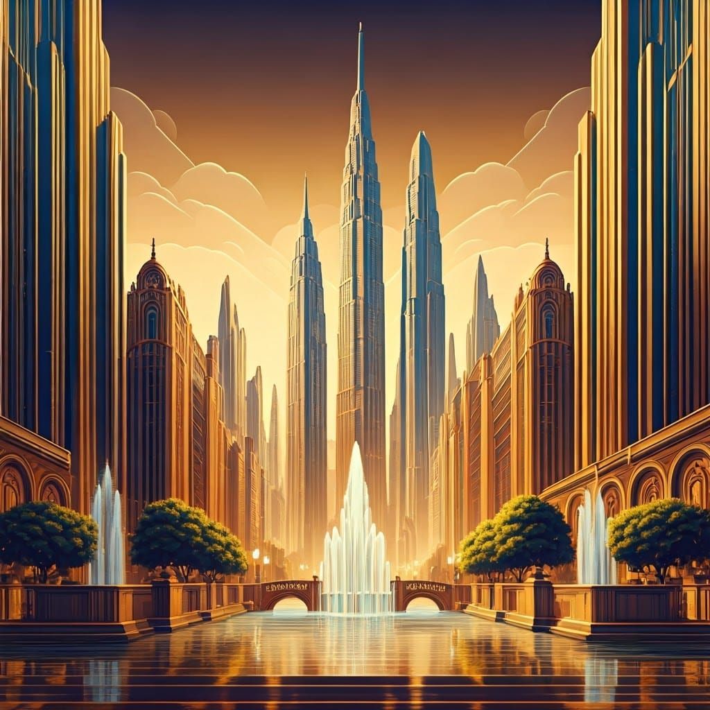 Art Deco Cityscape at Dusk in Opulent Style