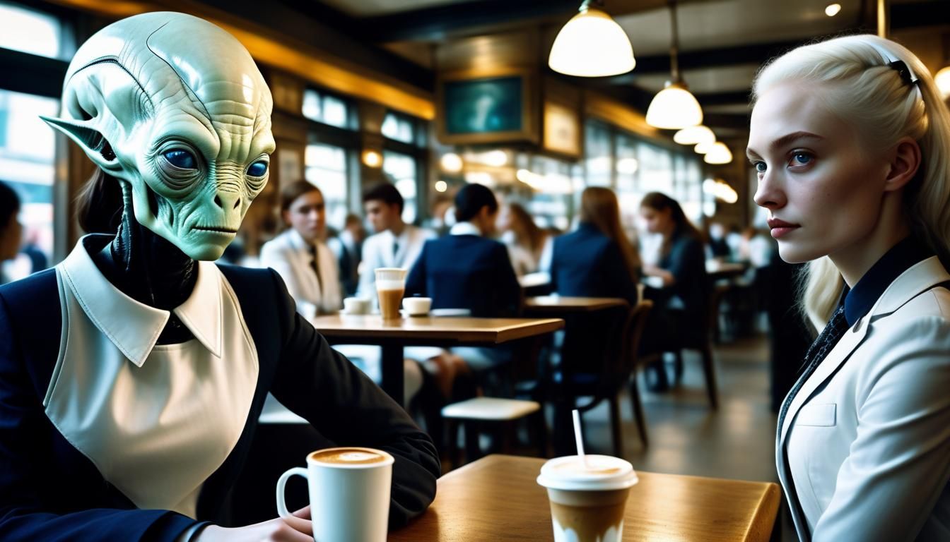 Hyperrealistic Photo of Schoolgirl and Alien in Café