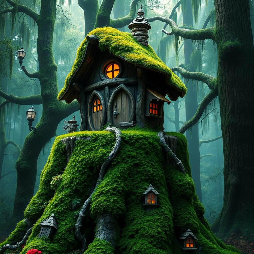 Baba Yaga Hut on Mossy Stump in Mystical Forest