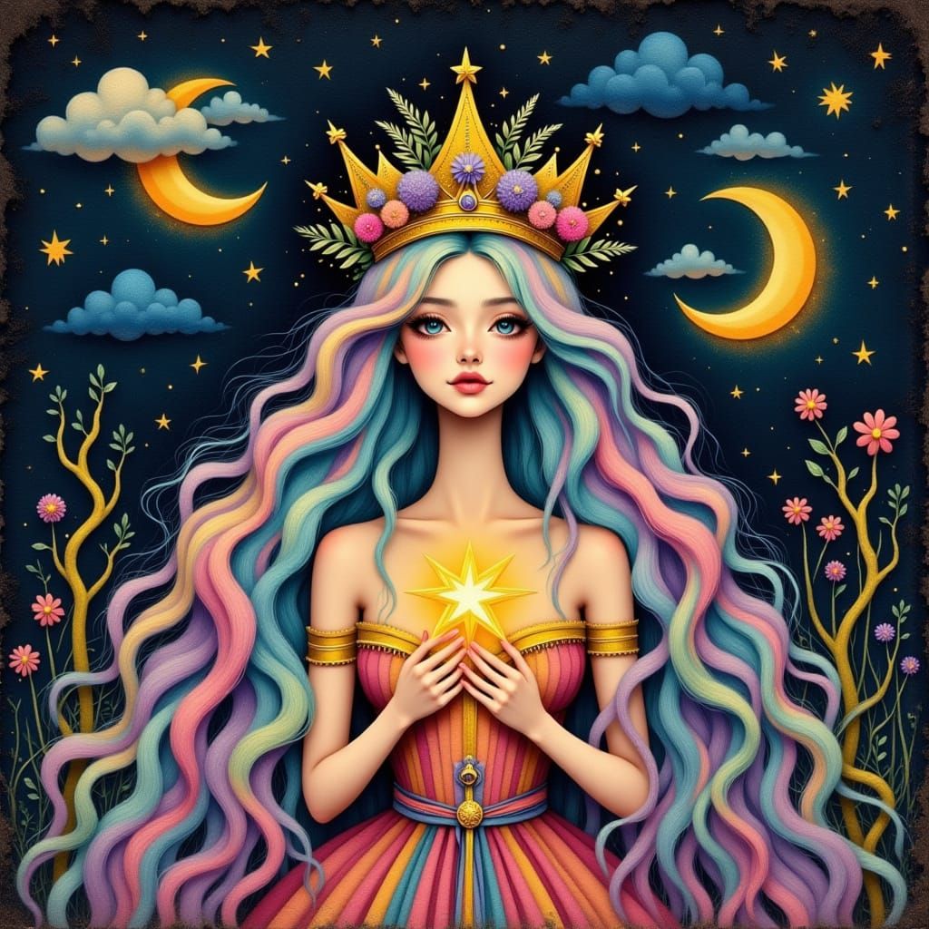 Serene Queen with Star in Fantasy Oil Painting