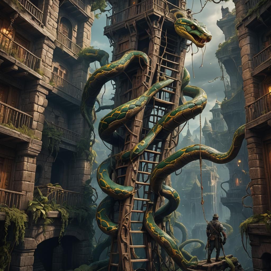 Detailed Snake on Ladder Fantasy Concept Art