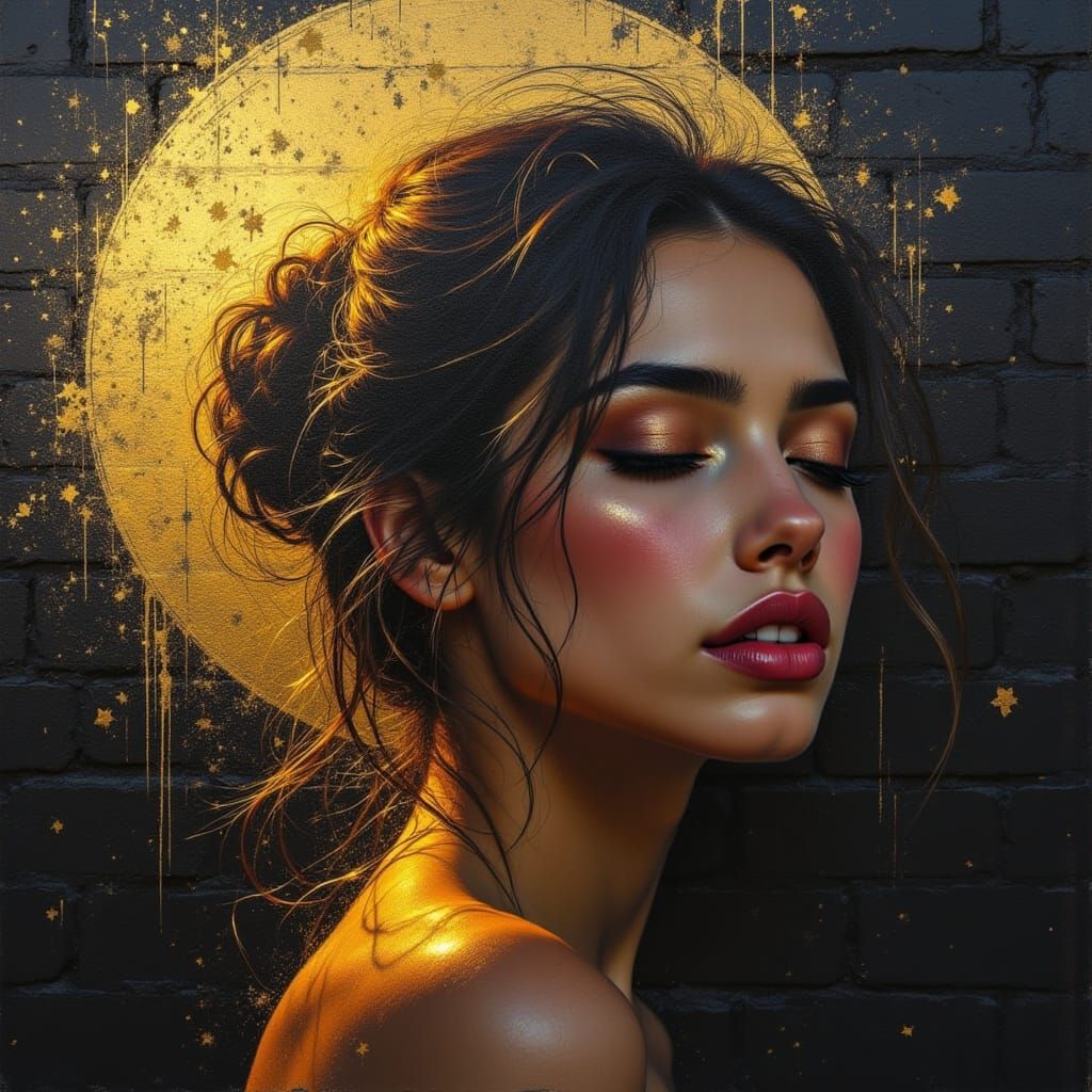 Woman's Emotive Portrait with Golden Halo in Street Art Styl...
