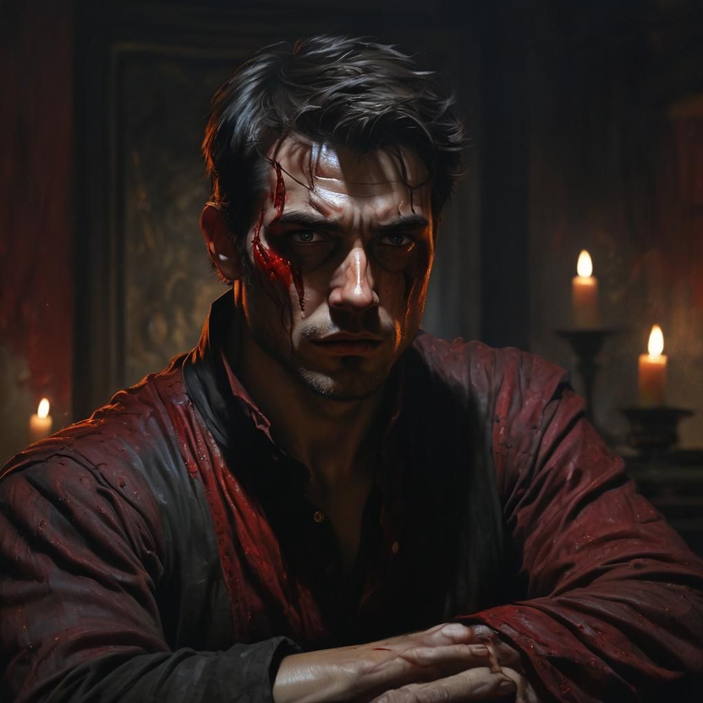 Dark Fantasy Man with Bloodshot Eye in Candlelight