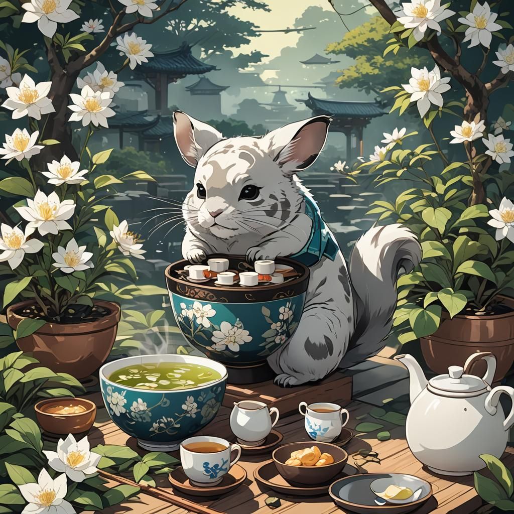 Chinchilla in Chinese Garden with Jasmine Tea, Anime Style