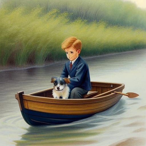 Whimsical River Scene in Vintage Crayon Style