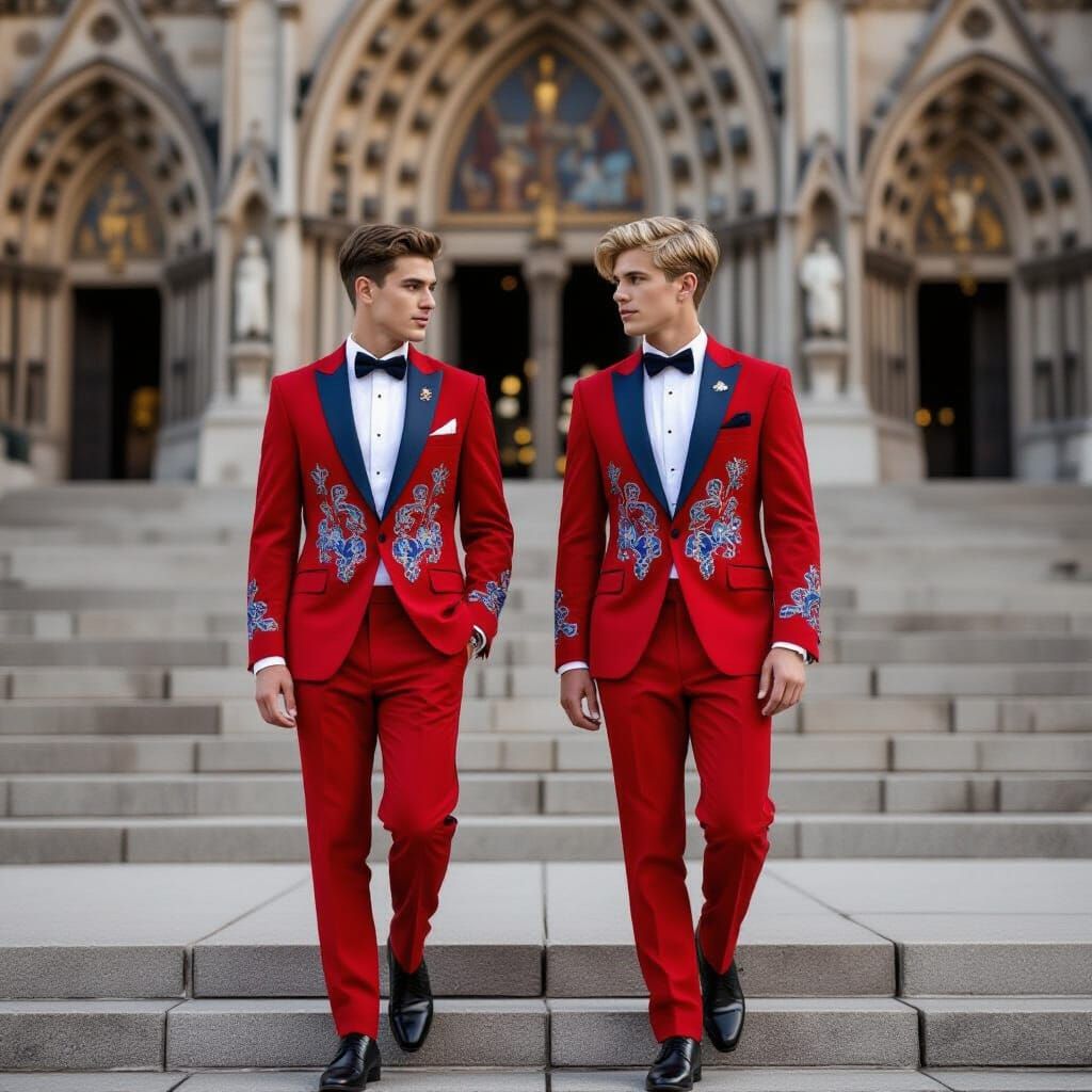 Men in Red Tuxedos Walk Down Cathedral Steps