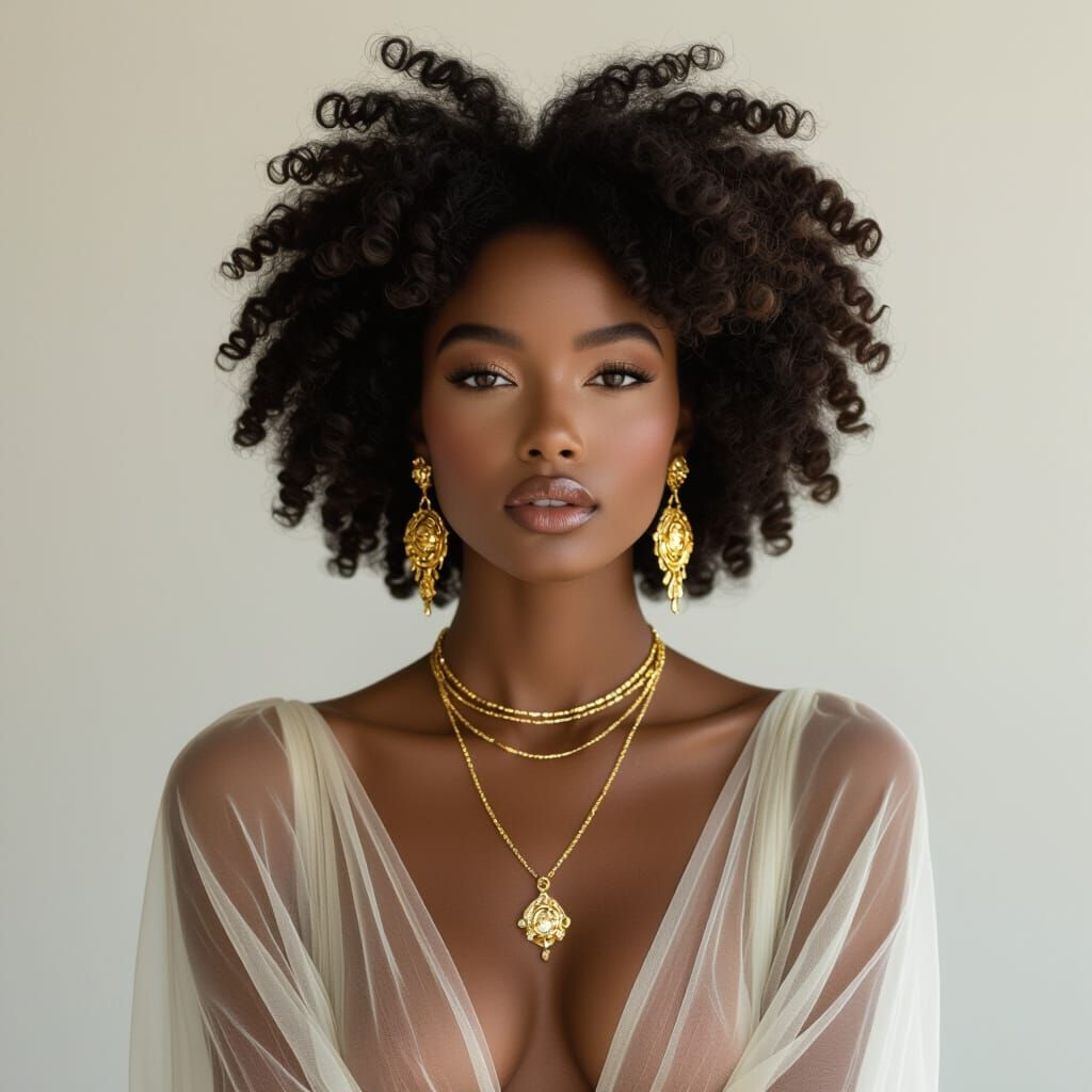 Elegant Dark-Skinned Woman with Afro in Diffused Lighting