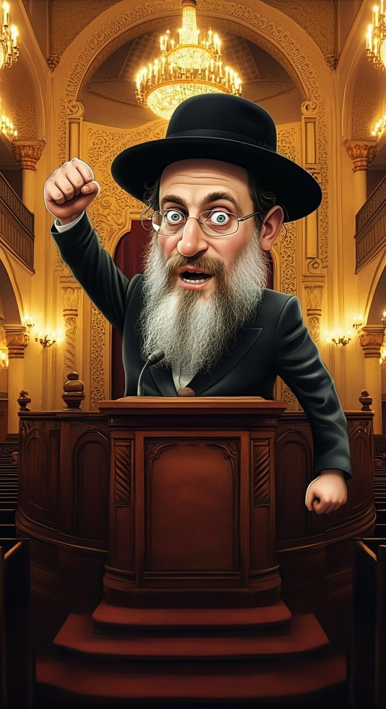 Humorous Illustration of a Hasidic Gabbai on Bimah