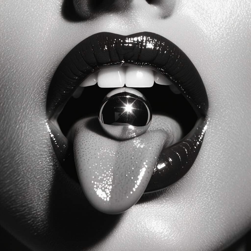 Monochrome Close-Up: Pierced Tongue in a Sleek, Luxurious St...