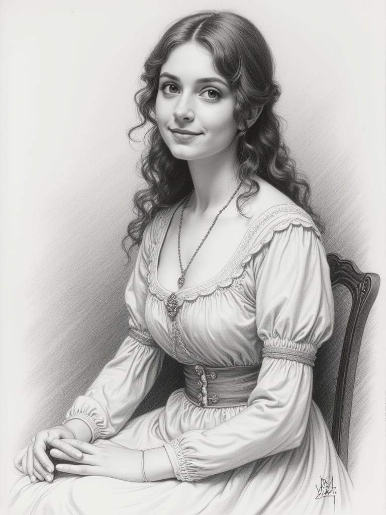 Victorian Lady in a Parlor Pencil Sketch