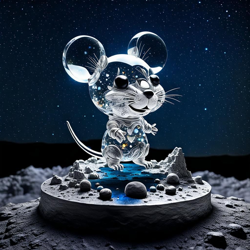 Crystal Mouse Sculpture on Moon with Starry Sky