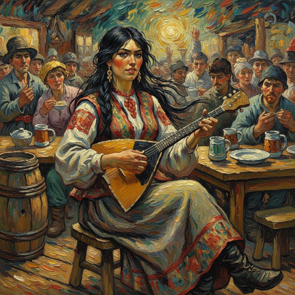 Cossack Woman Playing Balalaika in Tavern