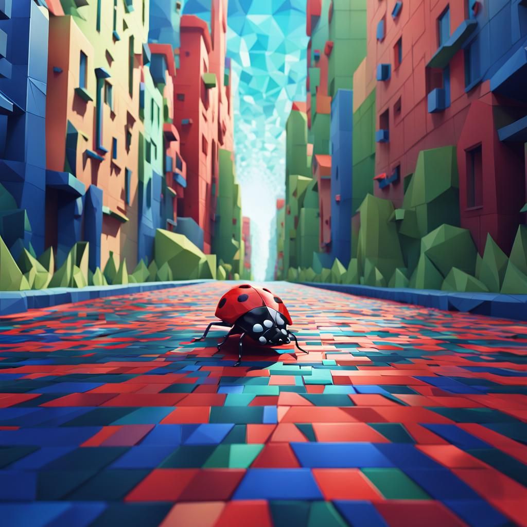 Ladybug on Geometric Path in Low-Poly Cityscape