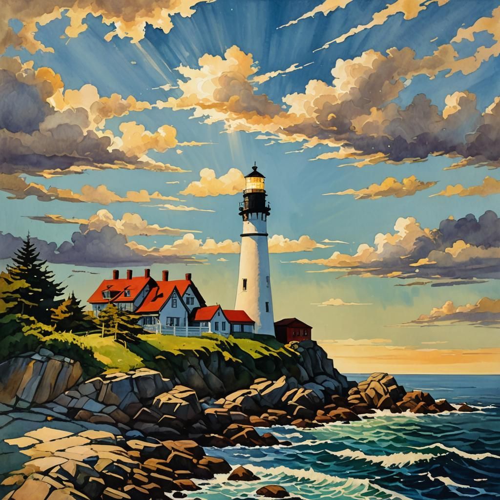 Portland Head Light Impasto Gouache Painting