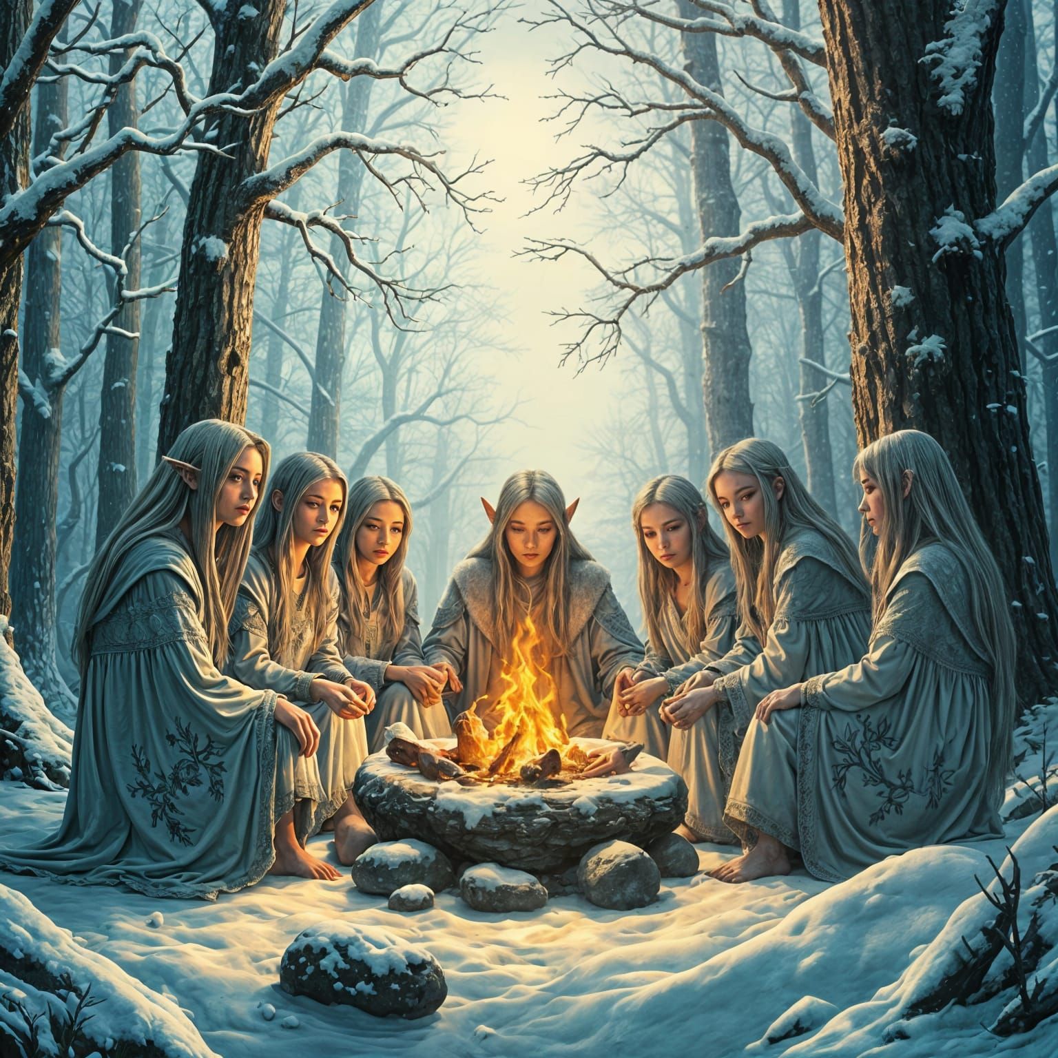 Whimsical Woodland Elves Gather 'Round the Campfire