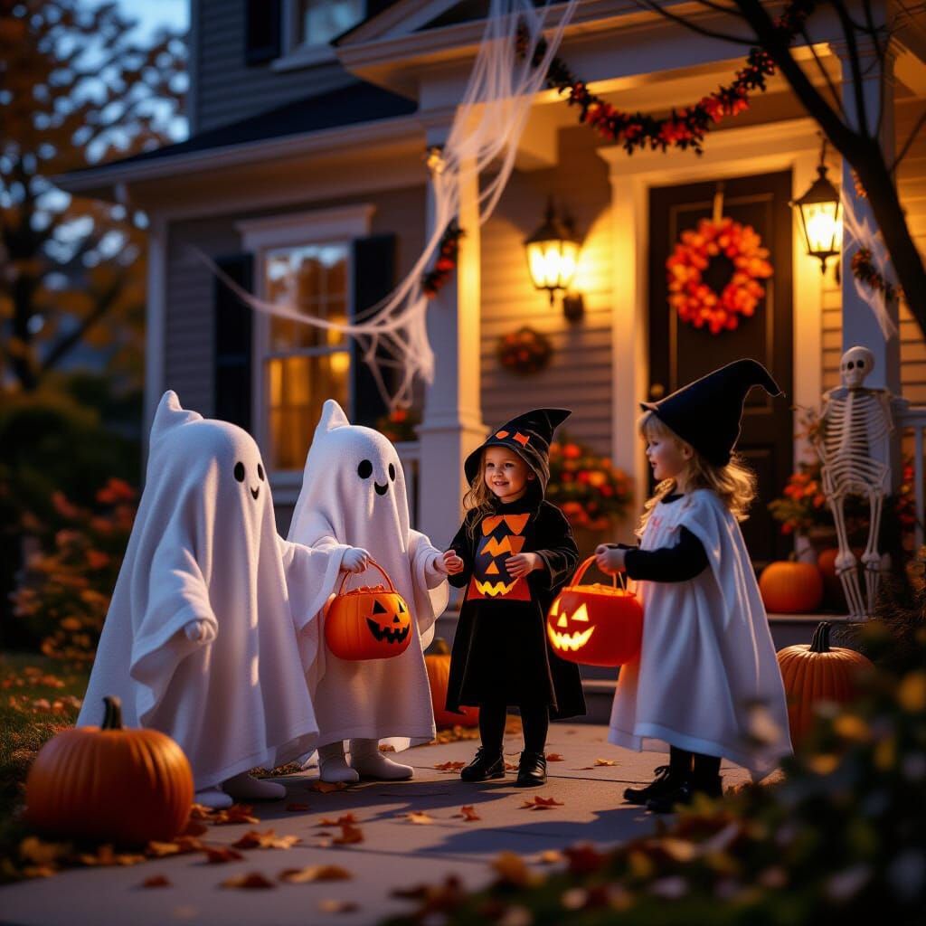 Halloween Night With Cute Ghosts Giving Candy