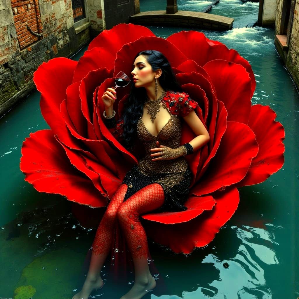 Woman Sips Wine in Giant Rose on Venetian Canal