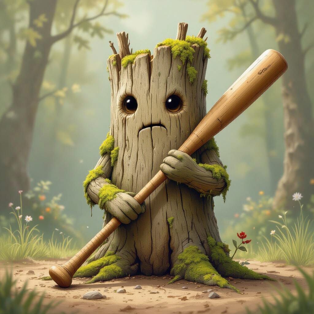 Sentient Log Character Grips Baseball Bat in Storybook Style