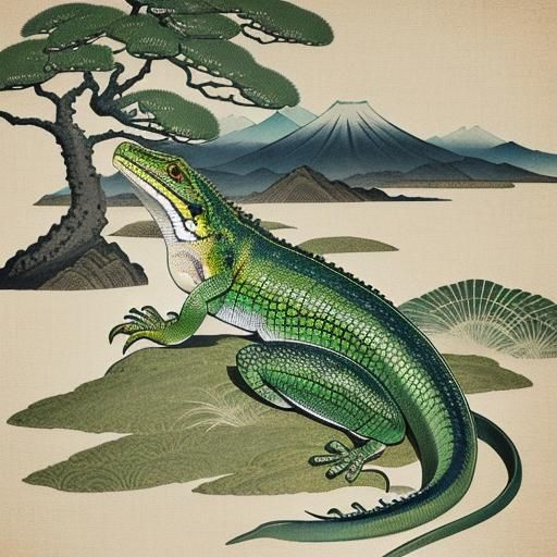 Whimsical Green Lizard Ink Artwork in Ukiyo-e Style