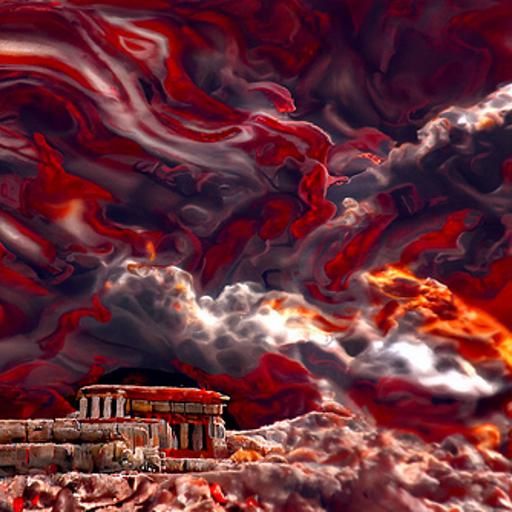 Greek Temple Ablaze in Art Nouveau Style